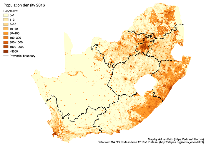 Map showing the population density in South Africa in 2016 according to CSIR Mesozone.